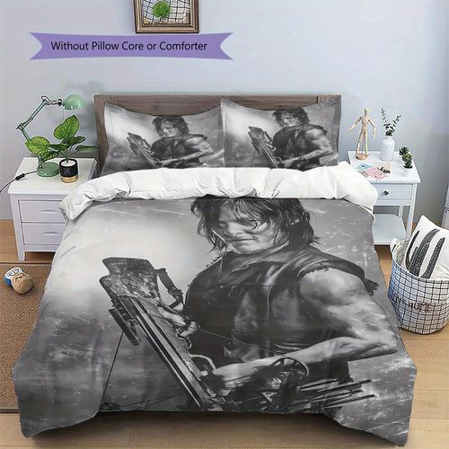 Housse De Couette Daryl Dixon « The Walking Dead » Motif Tir À L'arc - Imprime Noir Et Blanc Avec Arbalète, 1 Housse De Couette + 2 Taies D'oreiller, Polyester, Fermeture Éclair, T