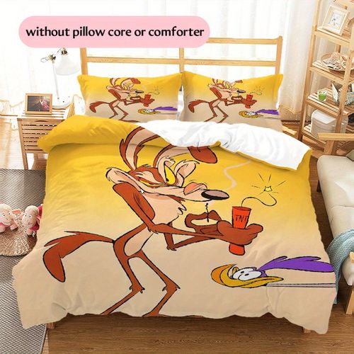 Parure De Lit À Imprime Dessin Anime Wile E. Coyote Et Road Runner - Housse De Couette Et Taies D'oreiller Jaune Vif, Fermeture Éclair, Decoration D'intérieur Toutes Saisons, Parfa