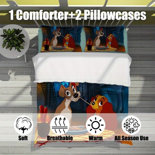 Parure De Lit 3 Pieces La Belle Et Le Clochard, Housse De Couette Et 2 Taies D'oreiller, Pour Chambre Et Chambre D'amis, Super Douce Et Confortable.