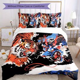 Parure De Lit 3 Pieces Motif Tigre Et Dragon, Housse De Couette Et 2 Taies D'oreiller, Douce Et Confortable, Ideal Pour Toutes Les Saisons, Ideal Pour La Chambre À Coucher.