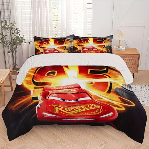 Parure De Lit 3 Pieces Cars Pour 3 Chambres : Housse De Couette En Polyester Doux, 2 Taies D'oreiller Avec Motif Voiture Rouge Éclair, Fermeture Éclair, Ideal Pour La Decoration De