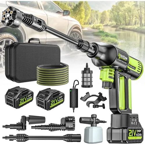 highsam Pressure Washer Nettoyeur haute pression sans fil 4 vitesses max. 120 bar avec 2 batteries 4,0 Ah, buse rotative 6 en 1 et 1