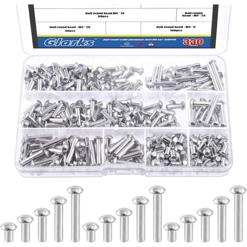 Lot de 330 rivets en aluminium M4 x 6/10/14/20/25 à tête de brasero solides de longueur 6 mm,10 mm,14 mm,20 mm,25 mm,rivets en aluminium haute résistance à la corrosion pour assemblage et