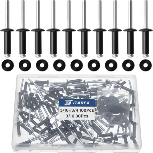 130 Pièces 4,8 × 20 mm Rivets Aveugles en Aluminium avec Rondelle Rivet Pop Tete Large Rivets à Bout Ouvert Rivet Pop (Noir)