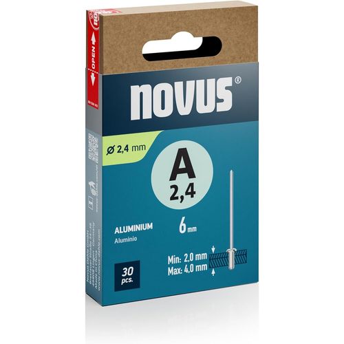 Rivets aveugles en aluminium Ø 2,4 mm,longueur 6 mm,30 rivets,épaisseur du matériau 2,0-4,0 mm,fixation de métaux non ferreux,plastique,matériaux légers,cuir et tissus