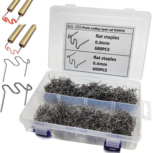 1200PCS Agrafes Chaudes Métal Avec boîte,0.6mm/0.8mm soudure plastique Agrafes Chaudes,Forme d'onde agrafeuse a chaud Agrafes,pour Réparation de Pare-Chocs de Voiture