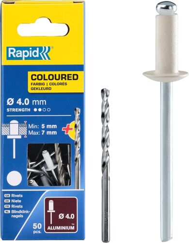 Rivets Pop en Aluminium Ø4 x 10 mm,Coloris Blanc,Rivets Aveugles pour Gouttières/Tuyaux/Tôle-Foret Inclus-50 Pièces,Emballage Carton (5001463)