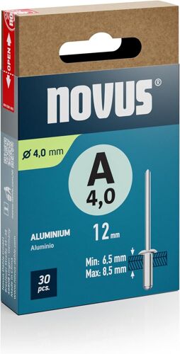 Rivets aveugles en aluminium Ø 4,0 mm,longueur 12 mm,30 rivets,épaisseur du matériau 6,5-8,5 mm,fixation de métaux non ferreux,plastique,matériaux légers,cuir et tissus