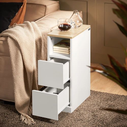 Table De Chevet Étroite Effet Bois Blanc Avec 2 Tiroirs