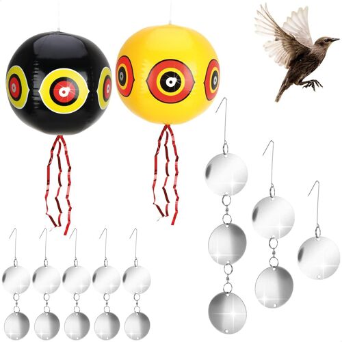 KALANKA-COM-FOUR® Ensemble Anti-Oiseaux de 58 pièces - 2 Ballons avec Composants de Carillon éolien - épouvantail réfléchissant Contre Les Corbeaux, Corbeaux, étourneaux (58 pièces - Ballon/Carillon