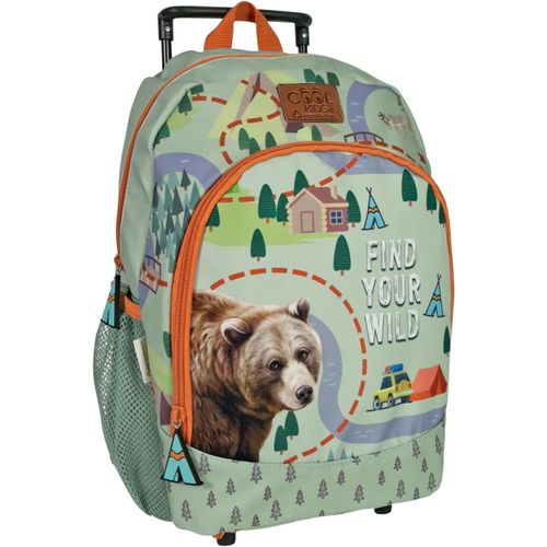 KKAHQ-Sac a Dos Enfant avec Roues Tissu Recyclé Imprimé Animal - Petit Sac de Voyage à roulettes Amovible Gris Détails Réfléchissants - Petite Cartable Ecologique Garcon - 36x25x15 cm (Ours Brun)