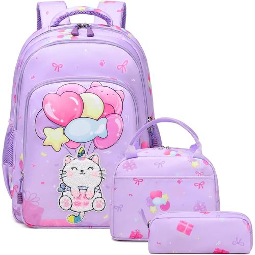 KALANKA-Cartable Filles Primaire 3D Chat Broderie Sac à Dos Licorne Enfants Sacs d'école Filles Set de Sacs d'école 1-3 Classe CP CE CM 1 2