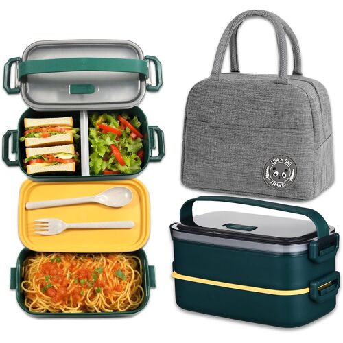 Jexnovashop-Bento Lunch Box Kit, 1600ml Boite Repas Avec Couverts E Sac Isotherme Repas, Hermétique Boîtes Bento Pour Pique-Nique, Travail, Goûter, Boîte À Lunch Micro Ondes(Vert Foncé)