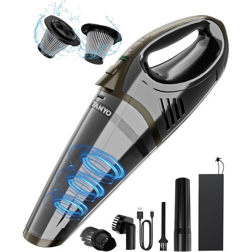 TANYO Aspirateur Voiture Puissant sans Fil, 15000PA/10000PA 2 Vitesses Mini Aspirateur à Main avec LED, Rechargeable Aspirateur de Table Sec et Humide pour Le Nettoyage de la Voiture et de la Maison