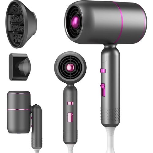 Sèche-cheveux ionique professionnel, sèche-cheveux de voyage pliable 2000W, 3 températures/2 vitesses. Sèche-cheveux de salon avec buse coiffante, adapté à de nombreuses coiffures (or gris)