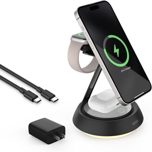 3 In 1 Magnetic Wireless Charging Dock, 15w Magnetic Charger, Compatible With Phone 15/14/13/12 For Apple Watch 9 And Airpods Pro/3/2 (With 20w Usb-C Adapter And Cable), Black