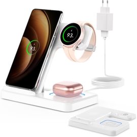 Foldable Induction Charger For Samsung, 3 In 1 Charging Station For Samsung S24/S23/S22/Zflip/Fold, Wireless Charger For Galaxy Watch 7/6/5/4/3, Wireless Charger For Galaxy Buds - White