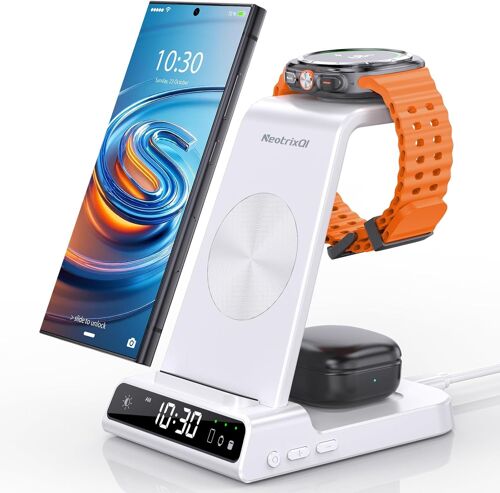 JGD-Chargeur Induction pour Samsung Galaxy S25 Ultra, Chargeur sans Fil Inductive pour Samsung Galaxy Watch Ultra/8/7/6/5, Chargeur 3 en 1 avec Horloge Digitale pour Z Fold 6/Flip 6 S24, Galaxy Buds