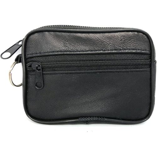 Porte-Monnaie de Poche Cuir Agneau Noir Avec 2 Zips et Un Anneau Porte-clef Classique pour Billets , Monnaie et Cartes bancaires