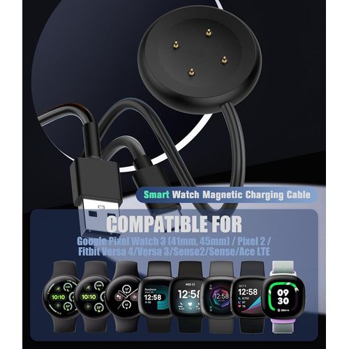 TZF-Câble USB A de 1 m + câble USB-C de 1 m compatible avec Google Pixel Watch 3 (41mm, 45mm) / Pixel 2 / Fitbit ace LTE Câble de charge, Chargeur magnétique résistant à l'usure - Noir