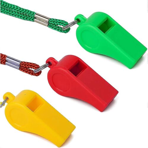 Lot De 3 Sifflets En Plastique Avec Cordon, Pour Entraînement, Survie, Urgence, Entraînement Canin, Jaune, Vert Et Rouge
