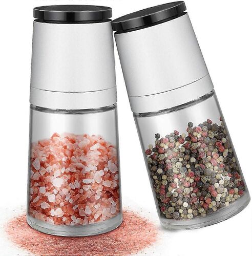 Ensemble De Moulins À Sel Et À Poivre, 2 Pièces, Manuels, Taille De Mouture Réglable, En Acier Inoxydable Brossé Et En Verre, Blanc