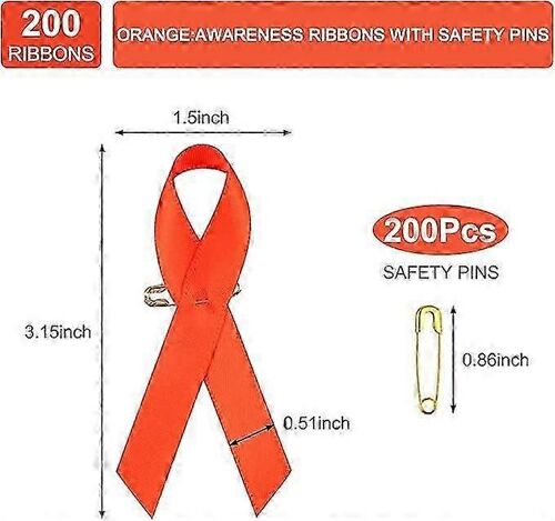 ¿Orange¿ 200 Pièces De Ruban Avec Épingles De Sûreté, Épingles De Sensibilisation Au Cancer, Broche De Ruban Pour Fournitures D'événements De Fête, Décoration De Vêtements