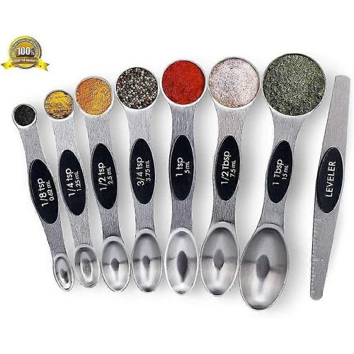 Cuillères À Mesurer Avec Aimants Puissants, Lot De 8 Cuillères À Mesurer En Acier Inoxydable Avec Niveleur, Cuillère À Café Et Cuillère À Soupe En Métal À Double Extrémité Pour Aliments Secs Et L