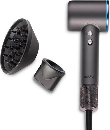 Hd1 Hair Dryer (Ionic Technology, 1.600 Watts, Magnetic Tips Diffuser & Styling Nozzle, Long-Life Bldc Motor, Led Ring Light, Long Power Cord) Grey