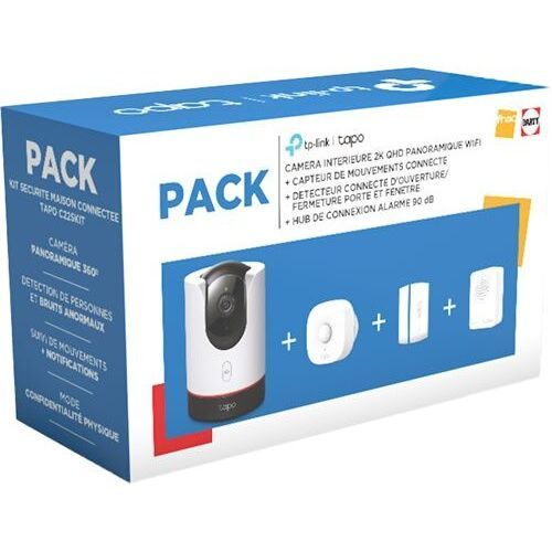 Pack Caméra de surveillance TP-Link Tapo intérieure Blanc et Noir + Capteur de mouvement + Détécteur d'ouverture fermeture + Hub de connexion alarme