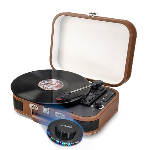 Platine Vinyle Disques 33,45,78 trs, multifonction Bluetooth rétro TD14, Encoding, Port USB, Cuir marron, Jeu de Lumière OVNI