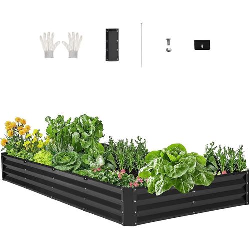 Asfasfq-Vevor Jardinière, 2395x1200x280 Mm, Lit De Jardin Surélevé Métal Galvanisé Bac De Plantation Fond Ouvert Pour Cultiver Fleurs Herbes Plantes Succulentes Dans Jardin Terrasse Patio Balcon, Gri