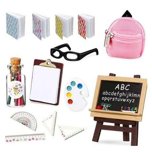 Comprend Mini Poupée Sac à dos Lunettes Tableau Miniature Livres Papier Presse-papiers Crayon Poupée Règles Poupée Poupée Accessoires Filles