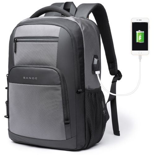 BANGE BG-1921 Cartable pour étudiant Sac à dos étanche pour ordinateur d'affaires avec port de chargement USB externe Gris clair