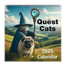 Étrange Médiéval Quête Chats Calendrier 2025,Chat Drôle Tenture Murale Calendrier Mensuel