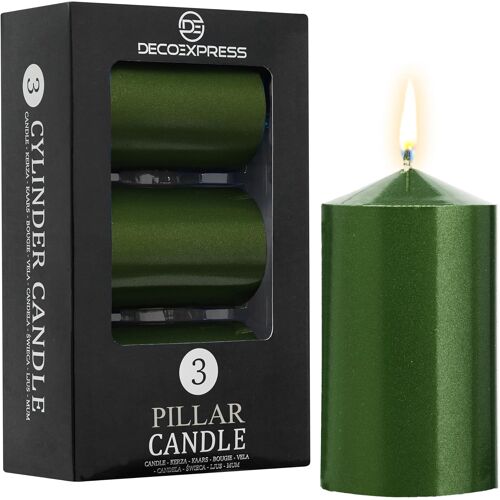 Lot Bougies Piliers de 3,Bougie Longue Durée de Combustion de 30 Heures,Sans Parfum,Gamme Métallique (Vert métallique-Lot de 3)
