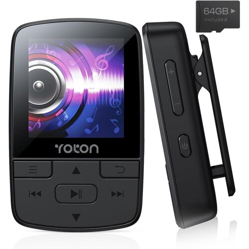 Bluetooth 5.2 MP3, Lecteur de Musique Portable de Sport 64 Go, avec Clip, Son HiFi de Haute Qualité, Volume Indépendant, Radio FM, avec Écouteurs, Prend en Charge Jusqu'à 128 Go, Noir