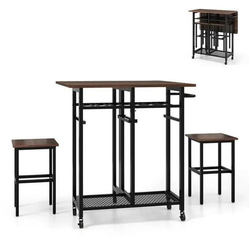 Costway Ensemble De Table À Manger Extensible 3 Pièces Avec 2 Tabourets, Roues Verrouillables, Étagères De Rangement, Marron