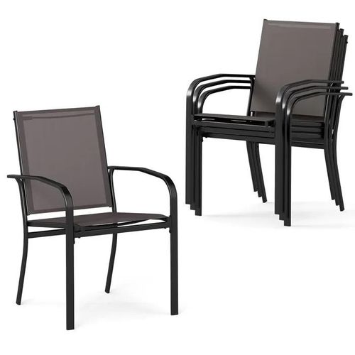 Lot De 4 Chaises De Jardin Extérieur Empilables Costway, Tissu Respirant, Accoudoirs, Dossier, Cadre En Métal, Pour Bistro Terrasse