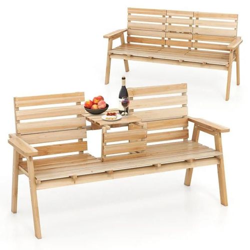 Banc D'extérieur En Bois De Sapin Costway Avec Table Centrale Pliable, Pour 2-3 Personnes, Dossier Accoudoirs, Charge 320kg,Naturel