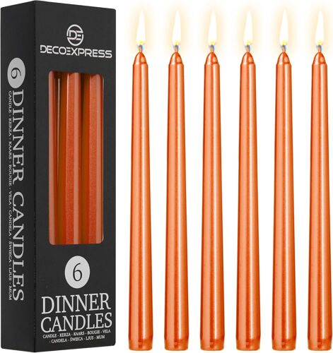 Lot Bougies Effilées,Lot de 6,10,15 ou 50,Non Coulantes-Bougies Longue Durée de 8 H,Sans Parfum (Orange Métallique-Lot de 6)