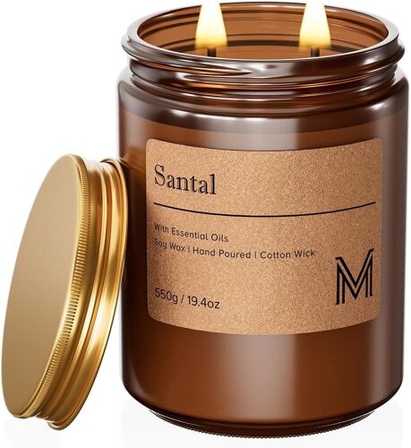 Bougie Parfumée Santal,550g Bougie Parfumée en Pot Bougie de Soja Naturelle,110 Heures de Combustion,Cadeaux Bougies Cadeau Anniversaire Pour Femmes & Hommes