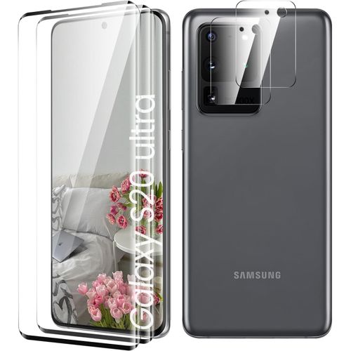 Verre Trempé Pour Samsung Galaxy S20 Ultra Plein Écran, Affaire Classée Protection Écran, Bord À Bord, Sans Bulle, Anti-Scratch, 2 Pièces Verre Trempé + 2 Pièces Caméra Protection Écran