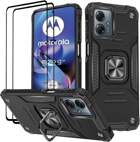 ELVORIX-Coque pour Motorola Moto G54, Verre Trempé [2 Pièces] + Housse TPU Silicone Rotation 360° Aimant Anneau Support Double Défense Protection Etui - Noir