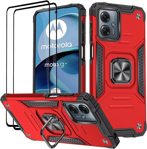 KAL-Coque Pour Motorola Moto G14, Verre Trempé [2 Pièces] + Housse Tpu Silicone Rotation 360° Aimant Anneau Support Double Défense Protection Etui - Rouge