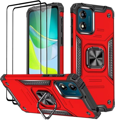 KAL-Coque Pour Motorola Moto E13, Verre Trempé [2 Pièces] + Housse Tpu Silicone Rotation 360° Aimant Anneau Support Double Défense Protection Etui - Rouge