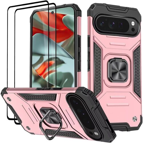 KAL-Coque Pour Google Pixel 9 Pro Xl, Verre Trempé [2 Pièces] + Housse Tpu Silicone Rotation 360° Aimant Anneau Support Double Défense Protection Etui - Or Rose