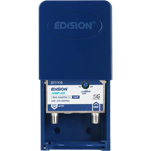 EDISION AMP-10 Préamplificateur de mât Antenne TV TNT 1UHF, 15-25db Réglable, 107dBmV, 24V, pour Numérique Terrestre DVB-T/T2, Bande passante UHF 470-694Mhz, avec Filtre 5G LTE