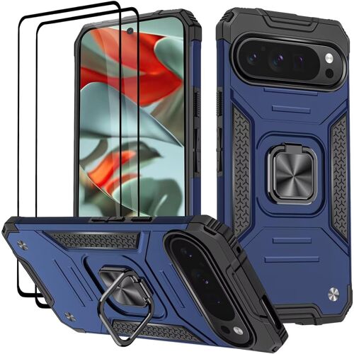 KAL-Coque Pour Google Pixel 9 Pro Xl, Verre Trempé [2 Pièces] + Housse Tpu Silicone Rotation 360° Aimant Anneau Support Double Défense Protection Etui - Bleu