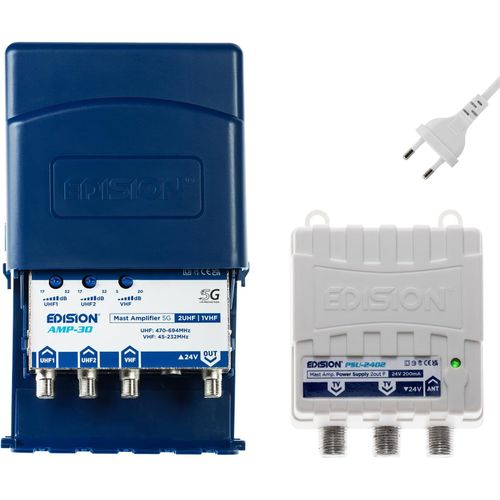 EDISION MAK-300 Kit: Préamplificateur de mât Antenne TV TNT 2UHF, 1VHF/FM, 17-32db, 107dBmV, 24V, pour Numérique Terrestre DVB-T/T2, avec Filtre 5G LTE + Alimentation 24V 200mA F 2 Sorties